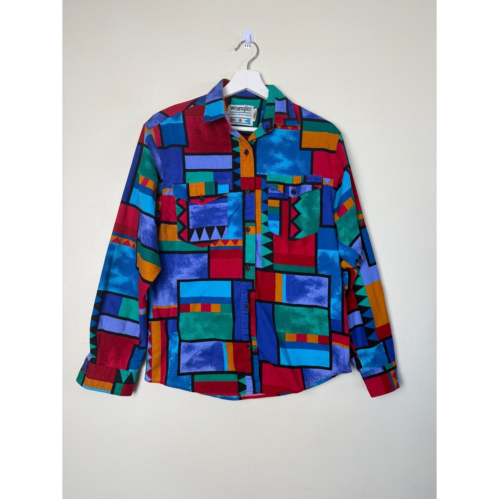 Wrangler Mens Vintage 90s Western Ranch Shirt Geometric Colorblock Size S Rodeo